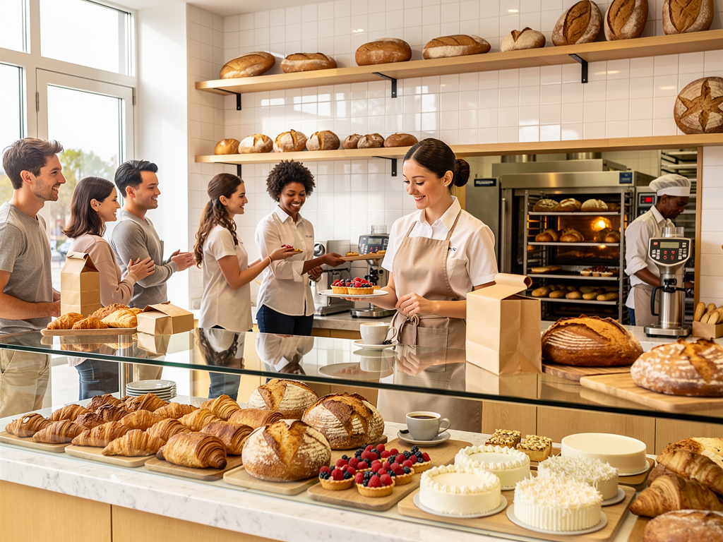 Panadería moderna con clientes y empleados, panes artesanales, croissants y pasteles en vitrina