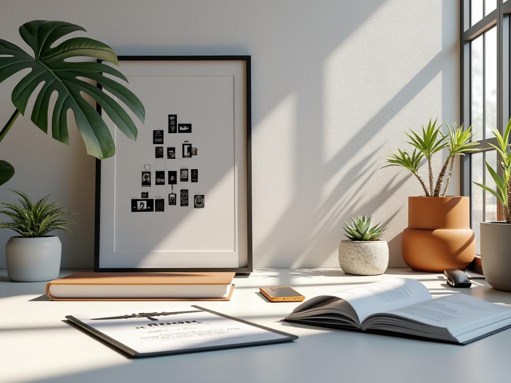 Espacio de trabajo moderno con plantas en macetas, cuaderno, libros abiertos y arte enmarcado bajo luz solar.