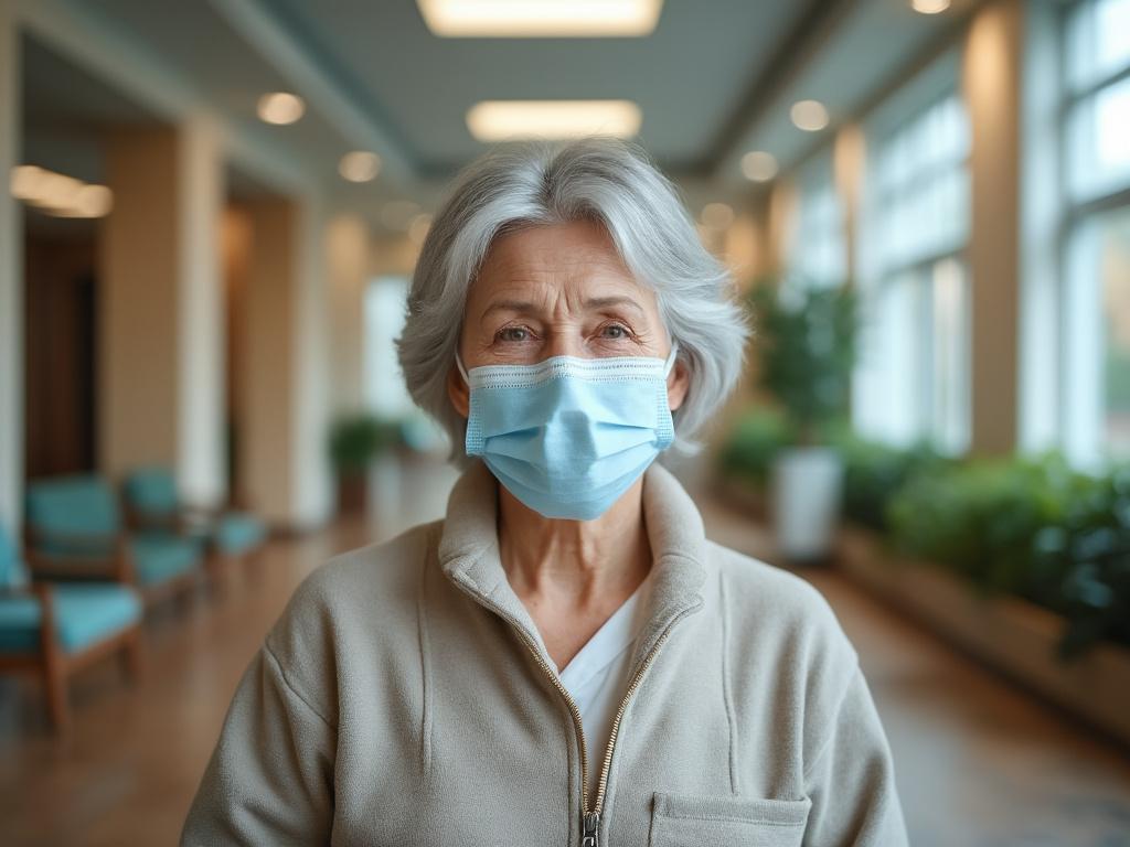 Mujer mayor con mascarilla azul en un pasillo iluminado con ventanas y plantas.