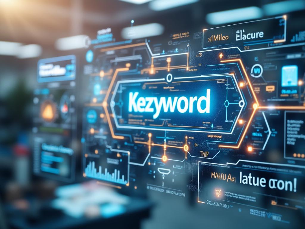 Pantalla digital futurista con diseños gráficos y la palabra 'Keyword' destacada en el centro.