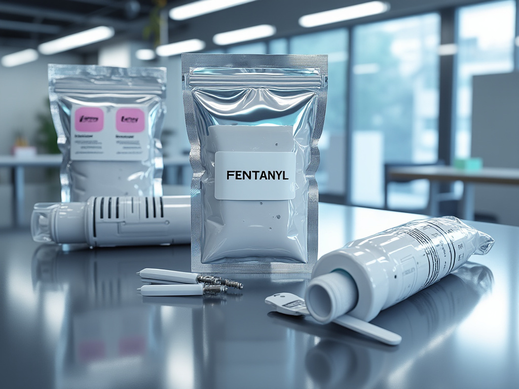 Paquete médico plateado etiquetado Fentanyl sobre mesa de laboratorio con dispositivos nasales y envases farmacéuticos