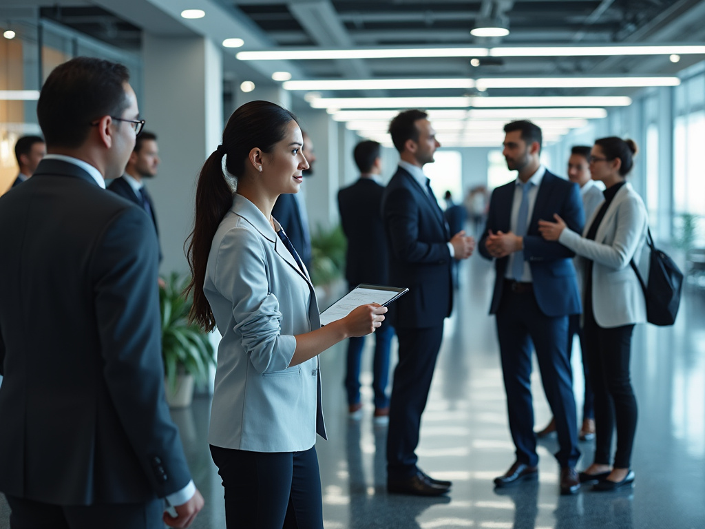 Profesionales de negocios conversando en un pasillo moderno y luminoso, con plantas y ventanas de fondo.