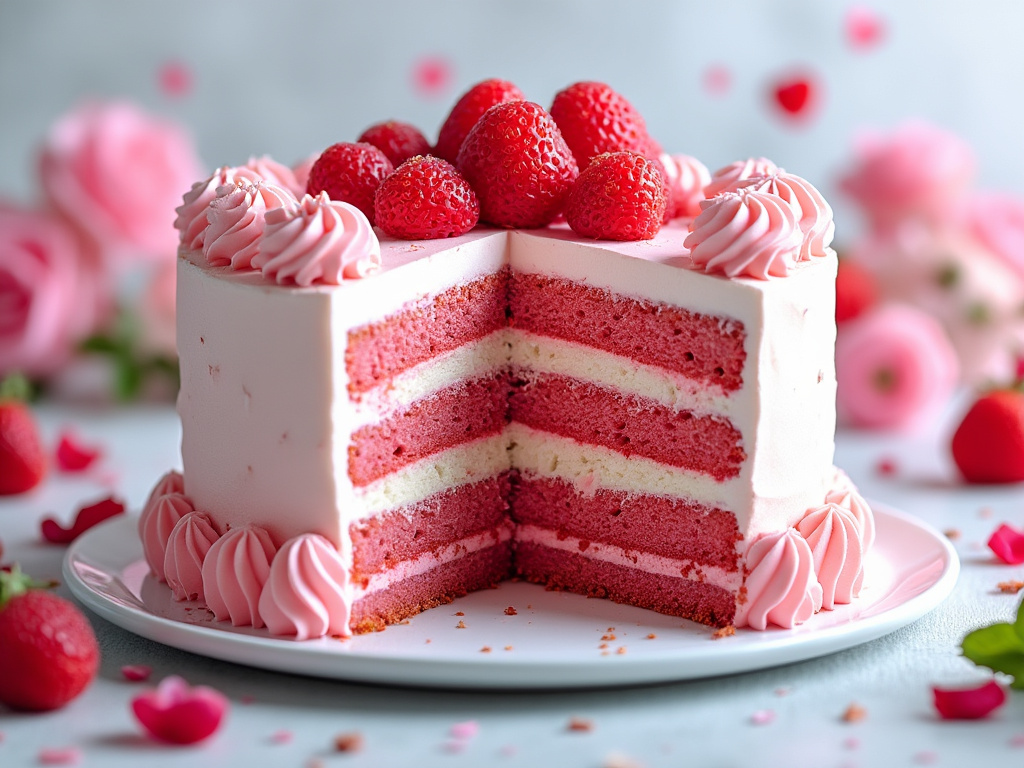 Tarta de fresas de varios pisos con decoración de crema rosa y fresas frescas en la parte superior, fondo difuminado con flores.