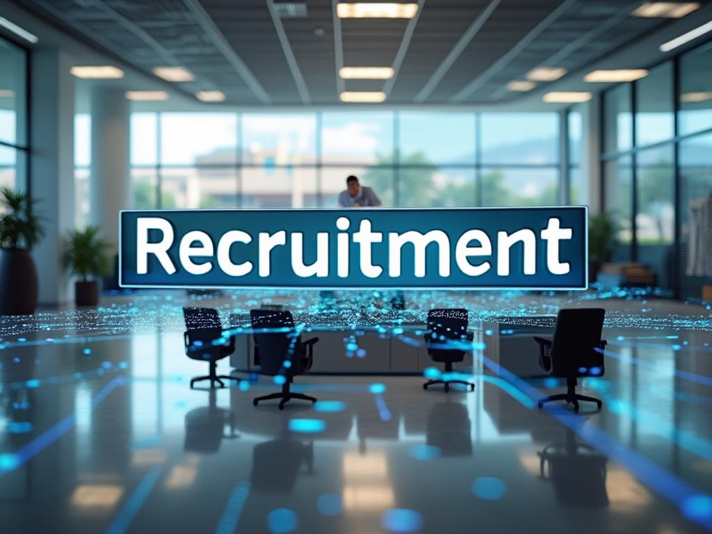 Oficina moderna con cartel de 'Recruitment', sillas y mesa, ambiente futurista.