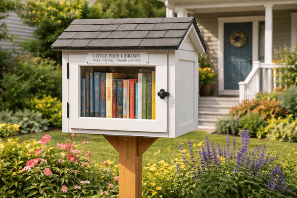 Little Free Library outside home filled with colorful donated books Little Free Library outside home filled with colorful donated books