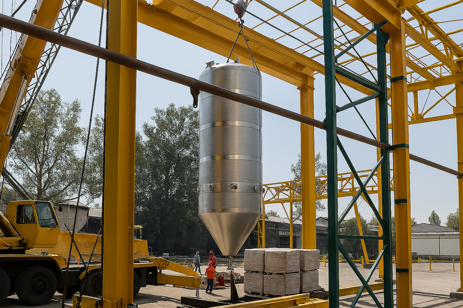 Trabajador de almacén con casco y chaleco reflectante caminando entre estantes de cajas y palets de madera.
