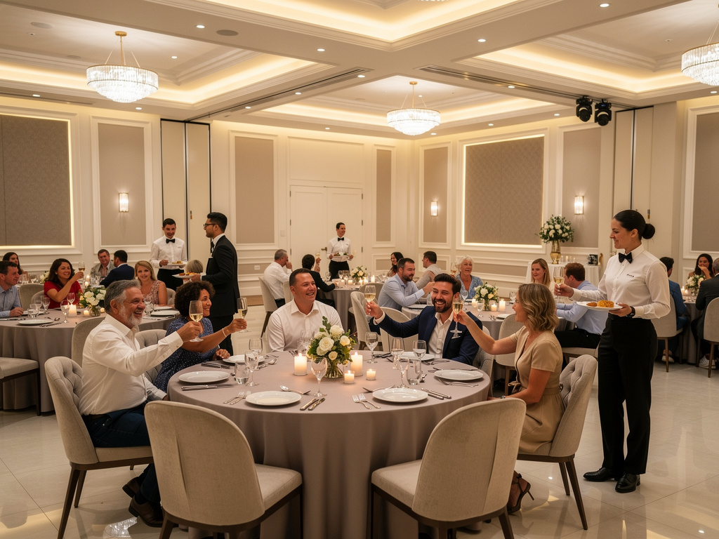 Invitados brindando en elegante banquete de boda con camarera sirviendo en salón iluminado con lámparas de cristal