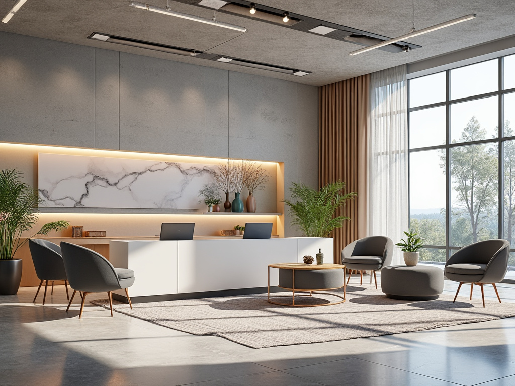 Recepción moderna con sofás grises, plantas decorativas y gran ventanal con vistas exteriores.