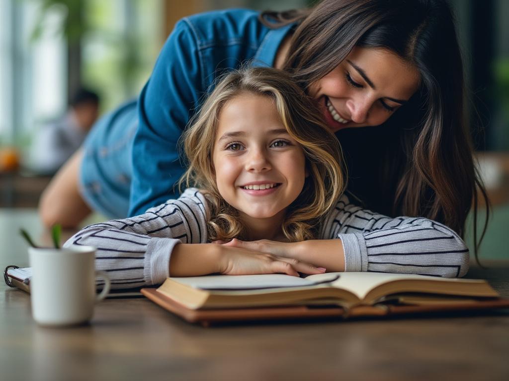 Niña sonriente apoyada sobre un libro abierto con una mujer detrás abrazándola en un ambiente hogareño.