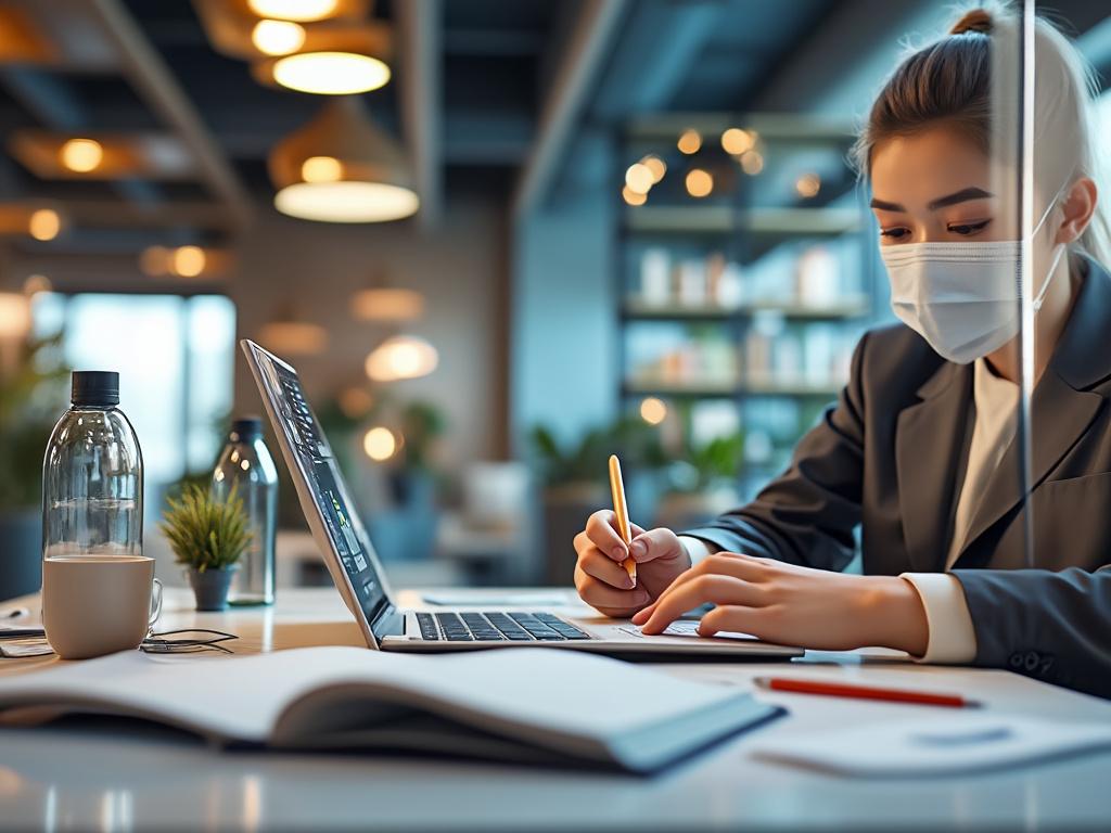 Persona con mascarilla trabajando en laptop en oficina moderna, con cuaderno y botella sobre la mesa.
