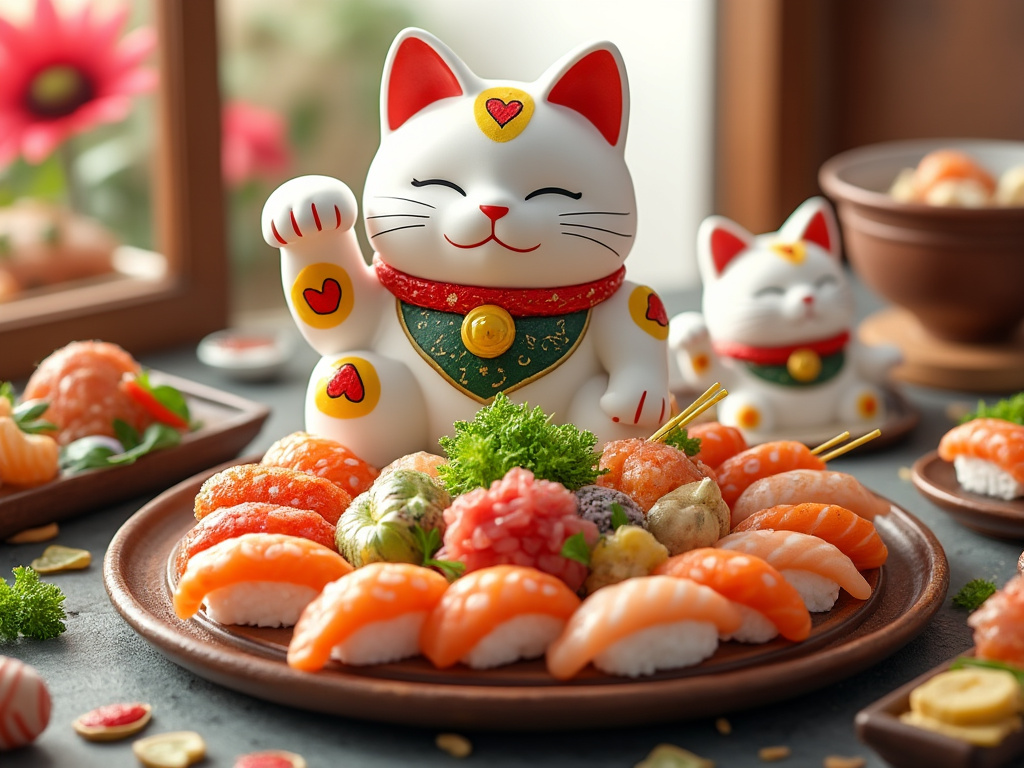 Sushi variado en plato de cerámica con figuras de gatos de la suerte Maneki-neko al fondo.