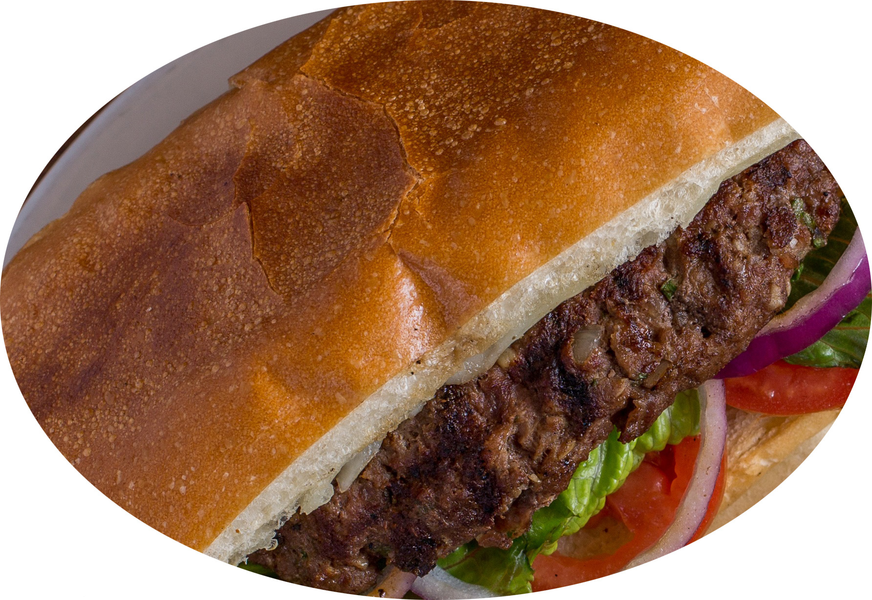 Sandwich en pan de agua con Suculenta carne de res a la parrilla, repollo, cebolla, tomate y aderezado con salsa de la casa.