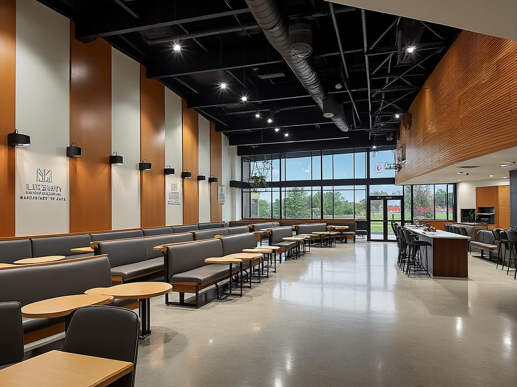 Modern cafeteria interior with gray booths and wooden tables, large windows, and exposed ceiling.
