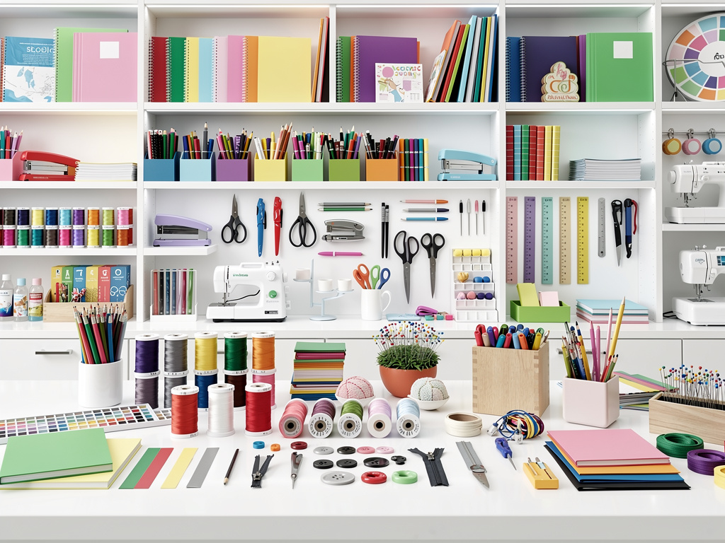 Taller de costura y manualidades con hilos, lápices, tijeras, cuadernos y máquinas de coser organizados en estanterías blancas