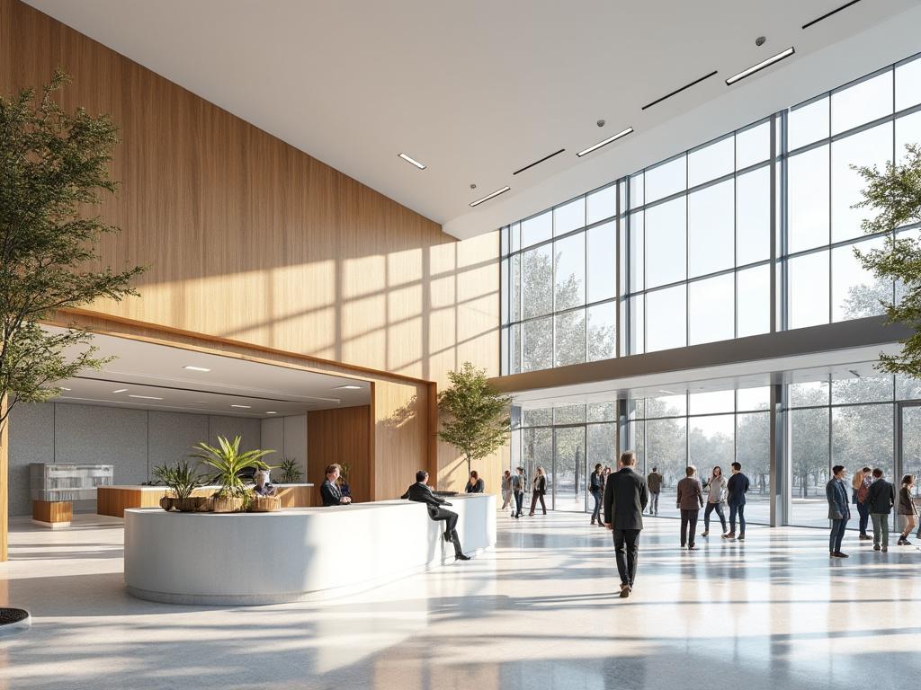 Vestíbulo moderno y espacioso con paredes de madera, grandes ventanales, plantas decorativas y personas interactuando.