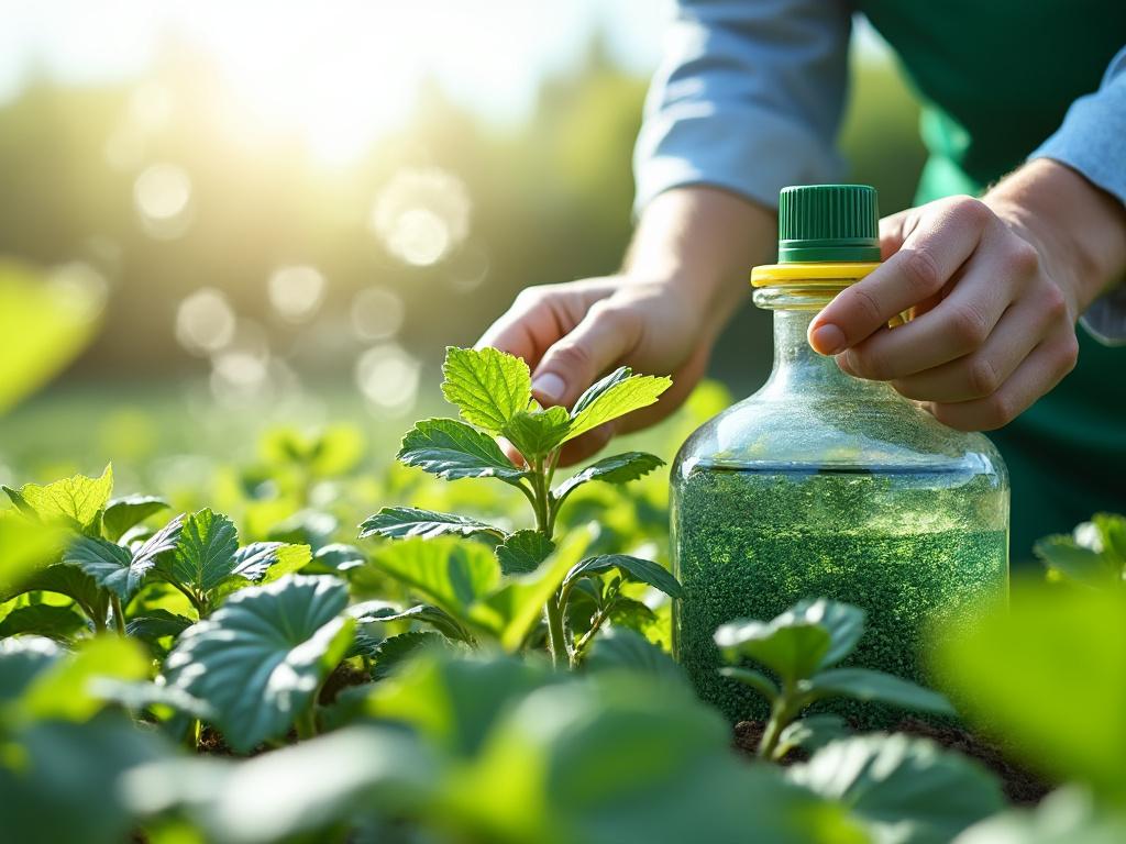 Manos cuidando plantas en un jardín con envase de fertilizante líquido.