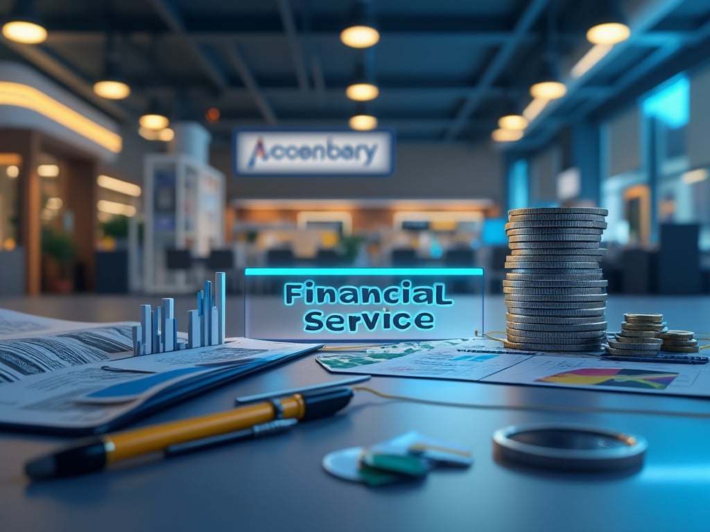 Financial service concept with stacked coins, charts, reports, and glowing sign in modern office