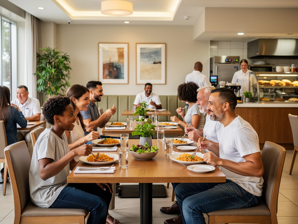 Familia feliz comiendo pasta en un restaurante moderno con cocina abierta y ambiente luminoso