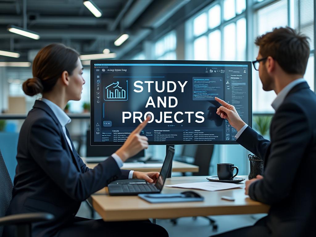 Dos personas en traje formal discutiendo un proyecto en una oficina moderna frente a una pantalla que muestra 'Study and Projects' con gráficos y texto técnico.
