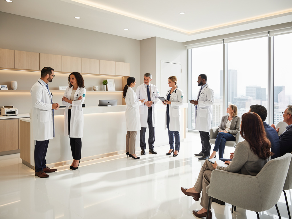 Equipo de médicos conversando con pacientes en una moderna sala de espera de clínica con grandes ventanales