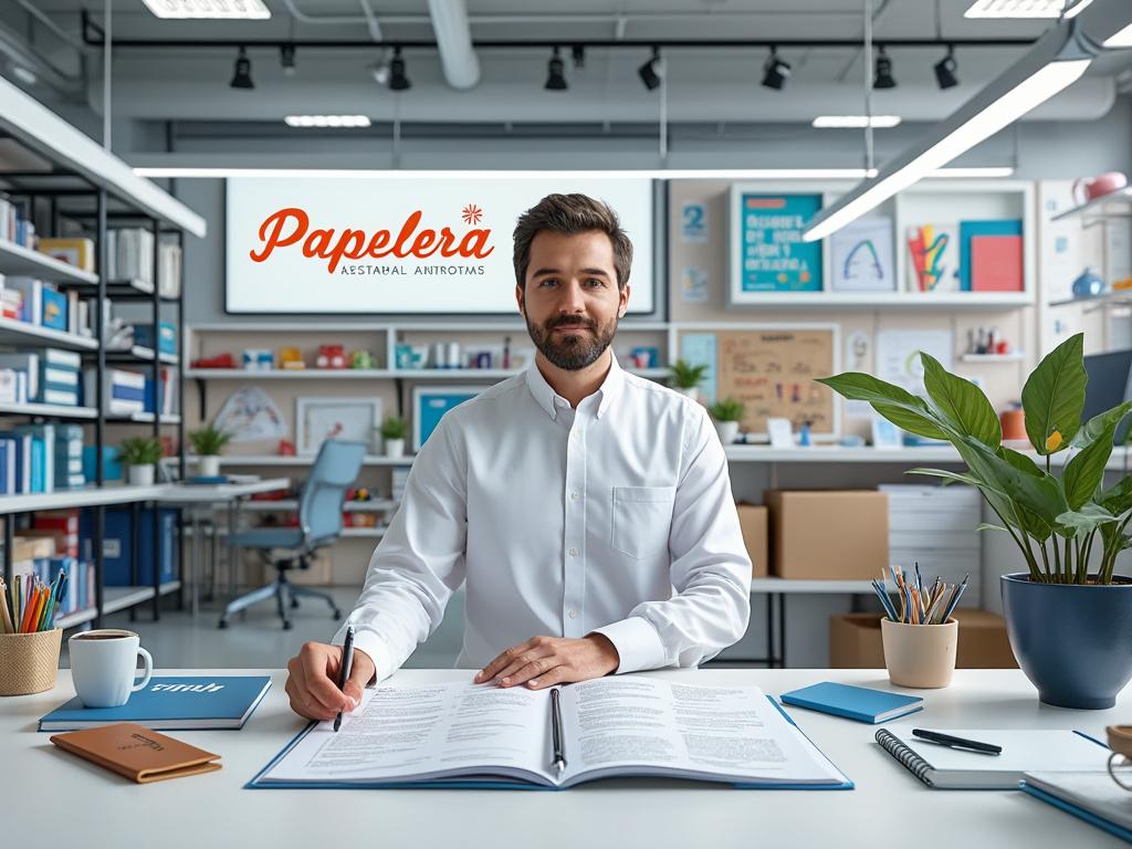 Hombre sentado en oficina moderna, firmando documentos, con decoración de oficina y logotipo de Papelería en el fondo.