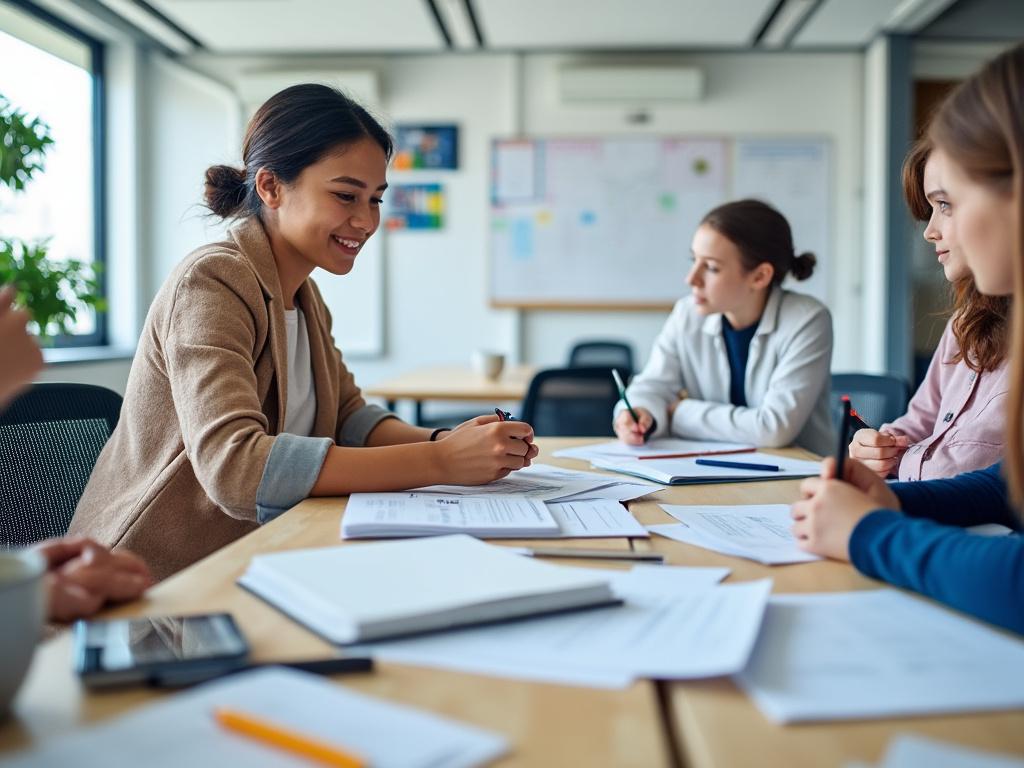 Un grupo de personas en una reunión de trabajo en una oficina, rodeados de papeles y cuadernos, conversando activamente.