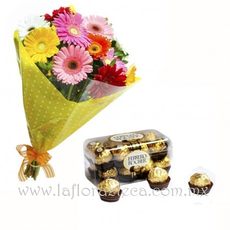 MD - 135  $790
Bouquet de 12 gerberas y chocolates ferrero rocher 16pz