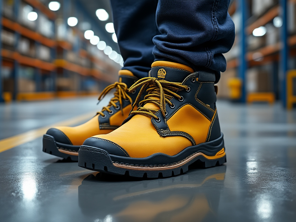 Botas de trabajo amarillas en un almacén industrial, enfocadas en el suelo brillante.