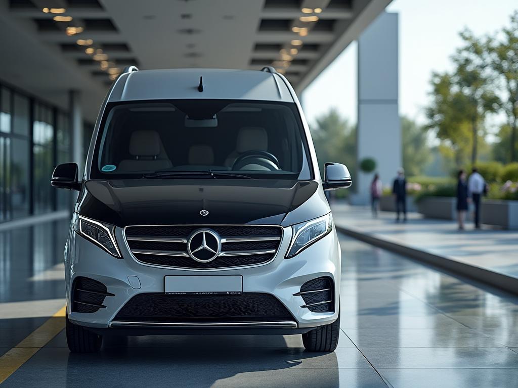 Furgoneta blanca de Mercedes-Benz estacionada en un área urbana moderna con personas al fondo.