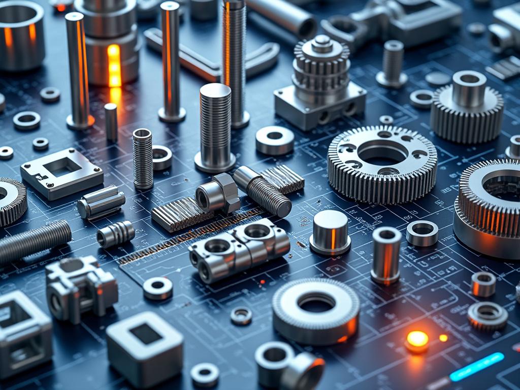 Componentes metálicos dispuestos sobre un plano técnico con luz cálida