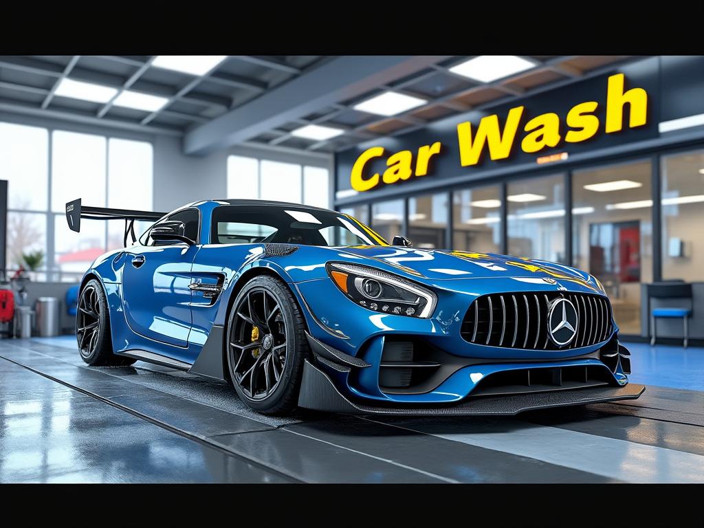 Blue sports car with a spoiler parked in a modern car wash facility.