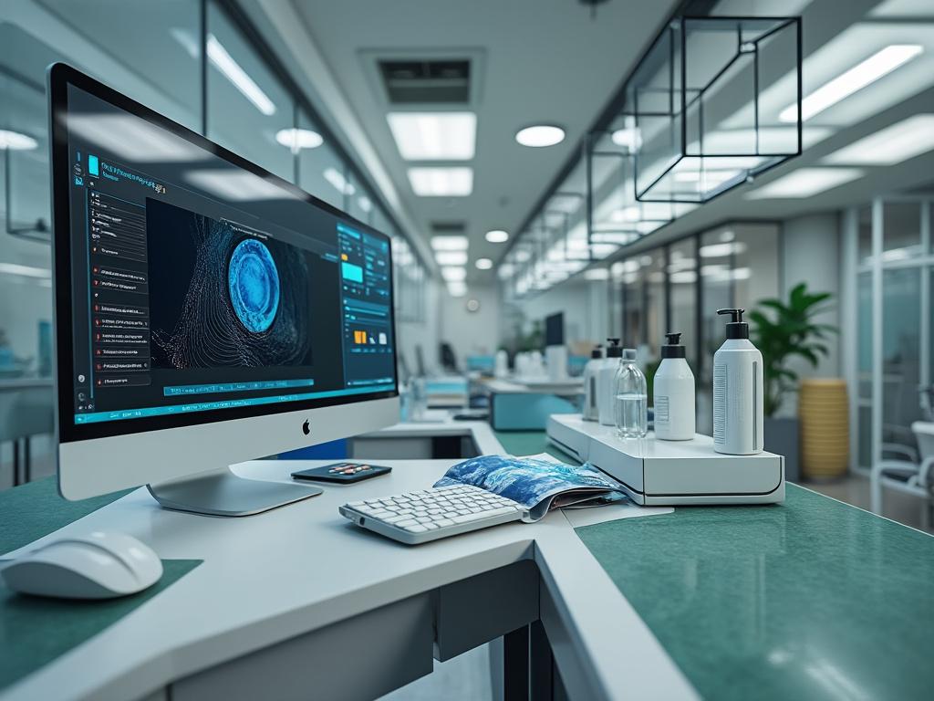 Oficina moderna con computadora, teclado, y productos de cuidado personal sobre el escritorio.