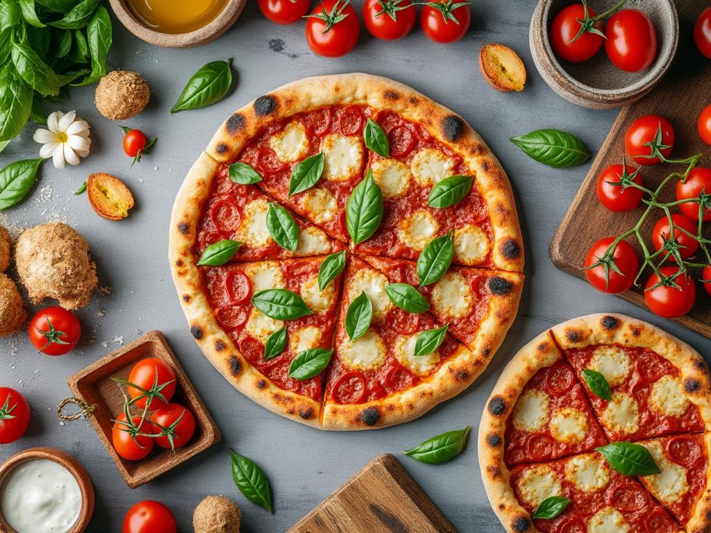 Pizza margarita con albahaca y queso, rodeada de ingredientes frescos como tomates, pan y hojas de albahaca sobre una mesa de cocina.