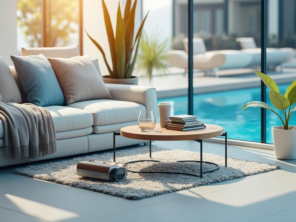 Sala de estar moderna con sofá, mesa baja con libros y taza, proyector sobre alfombra, planta en maceta, gran ventana con vista a piscina y jardín exterior.
Sala de estar moderna con sofá, mesa baja con libros y taza, proyector sobre alfombra, planta en maceta, gran ventana con vista a piscina y jardín exterior.