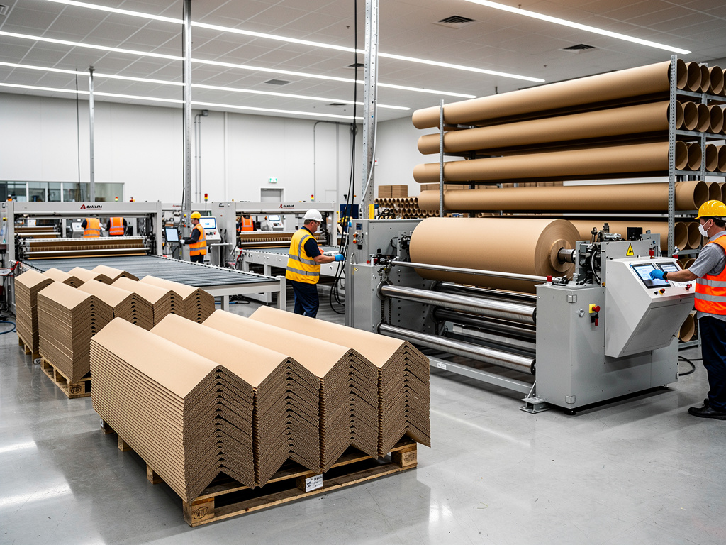 Fábrica de cartón ondulado con maquinaria industrial, operarios y rollos de papel kraft