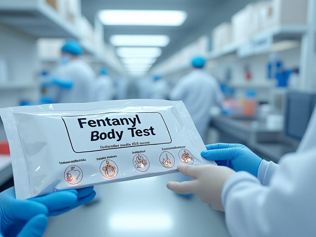 Kit de prueba de fentanilo sostenido por manos con guantes en un laboratorio médico con técnicos al fondo