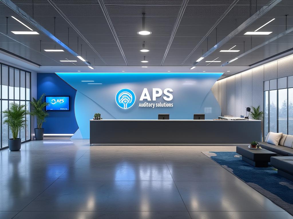 Recepción moderna de oficina con logotipo de APS Auditory Solutions, iluminación azul y mobiliario elegante.