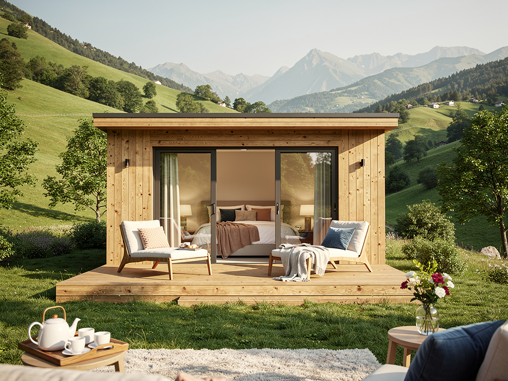 Cabaña de madera moderna con terraza en paisaje alpino verde y vistas a montañas