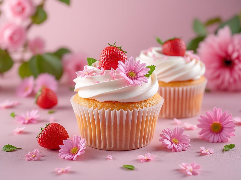 Decorative cupcakes with pink daisies and fresh strawberries on a pink background.