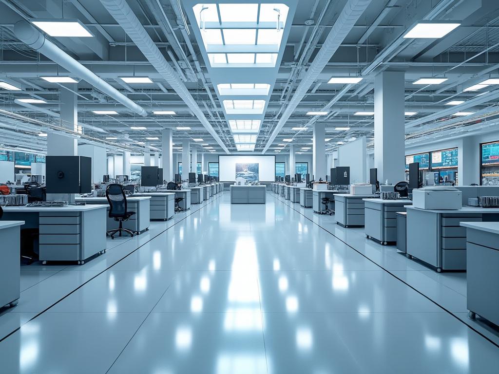 Oficina moderna y amplia con escritorios organizados, sillas ergonómicas y pantallas de computadora bajo techo iluminado por luces de panel.
