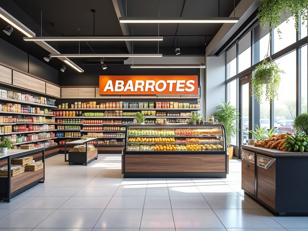Interior de supermercado con exhibición de frutas frescas, verduras y estantes con productos variados bajo un letrero de 'Abarrotes'.