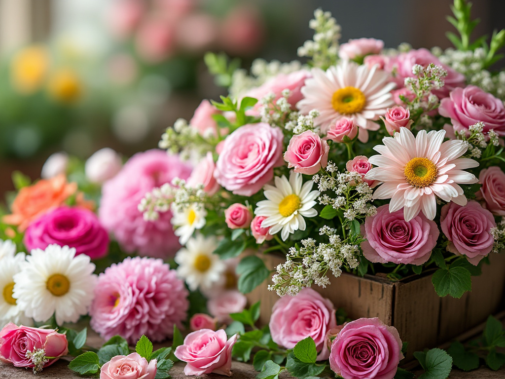 Arreglo floral con rosas rosadas, margaritas blancas y flores silvestres en un fondo difuminado.