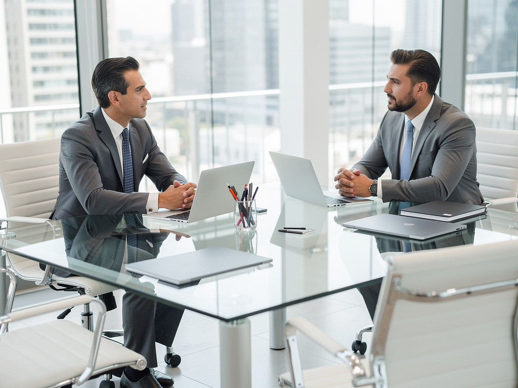 Dos ejecutivos en traje reunidos en una oficina moderna con laptops sobre mesa de vidrio