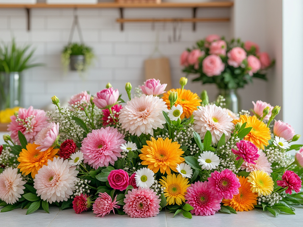 Arreglo floral colorido con gerberas, rosas y margaritas en una cocina moderna.