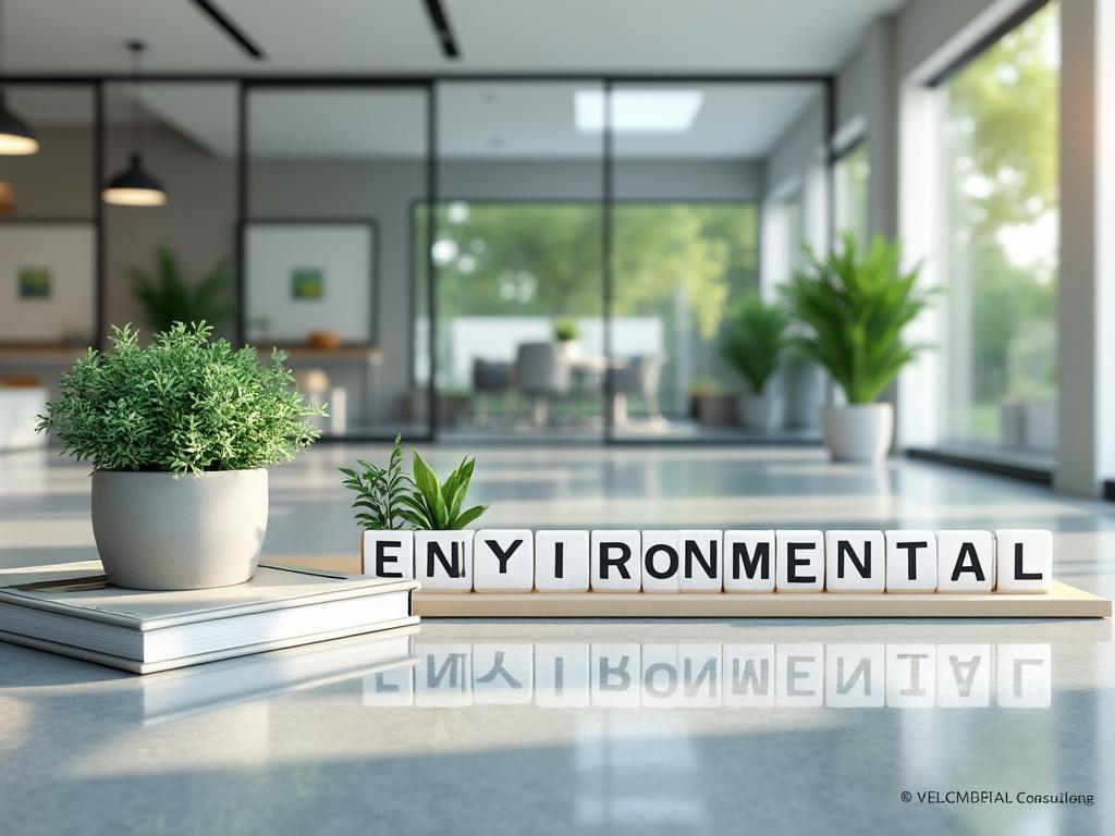 Oficina moderna con plantas y letras formando la palabra 'ENYIRONMENTAL' en primer plano.