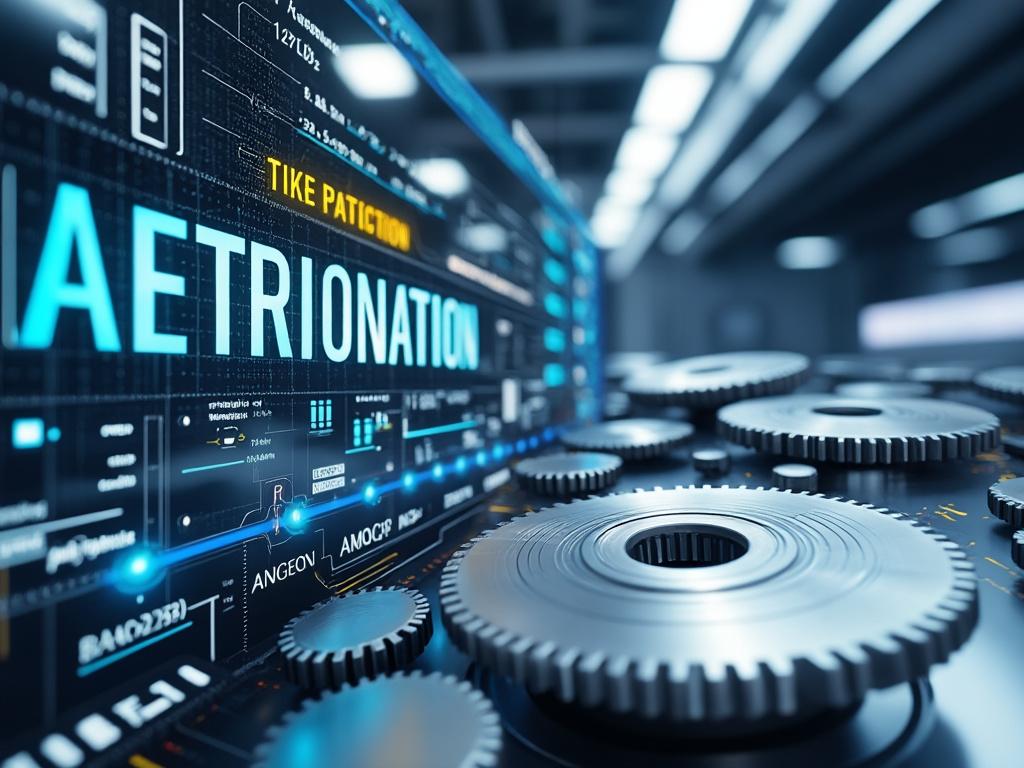 Engranajes metálicos grandes frente a una interfaz digital futurista en un entorno industrial.