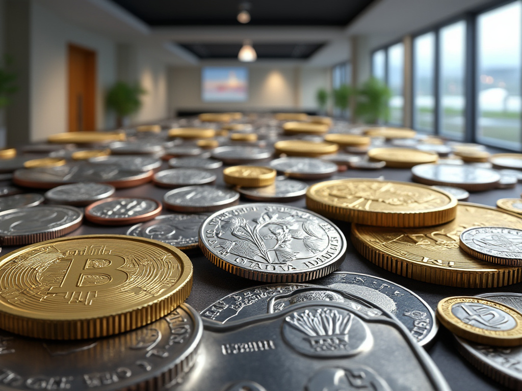 Assorted coins, including Bitcoins, scattered on a conference table in a modern office with large windows.