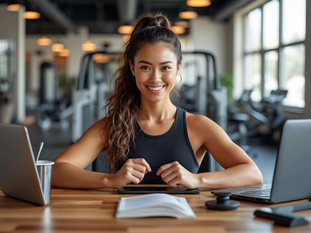 Woman in a gym setting, smiling at a desk with laptops, notepad, and a pen.