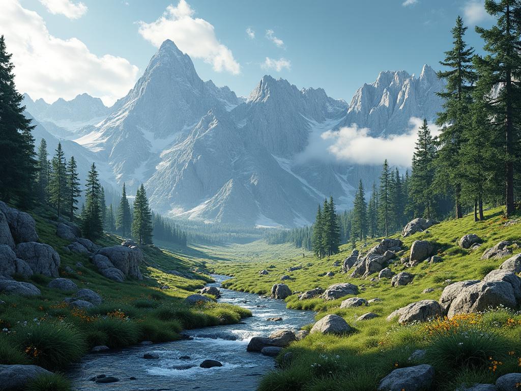 Paisaje montañoso con un río serpenteante, pinos altos y un cielo despejado.