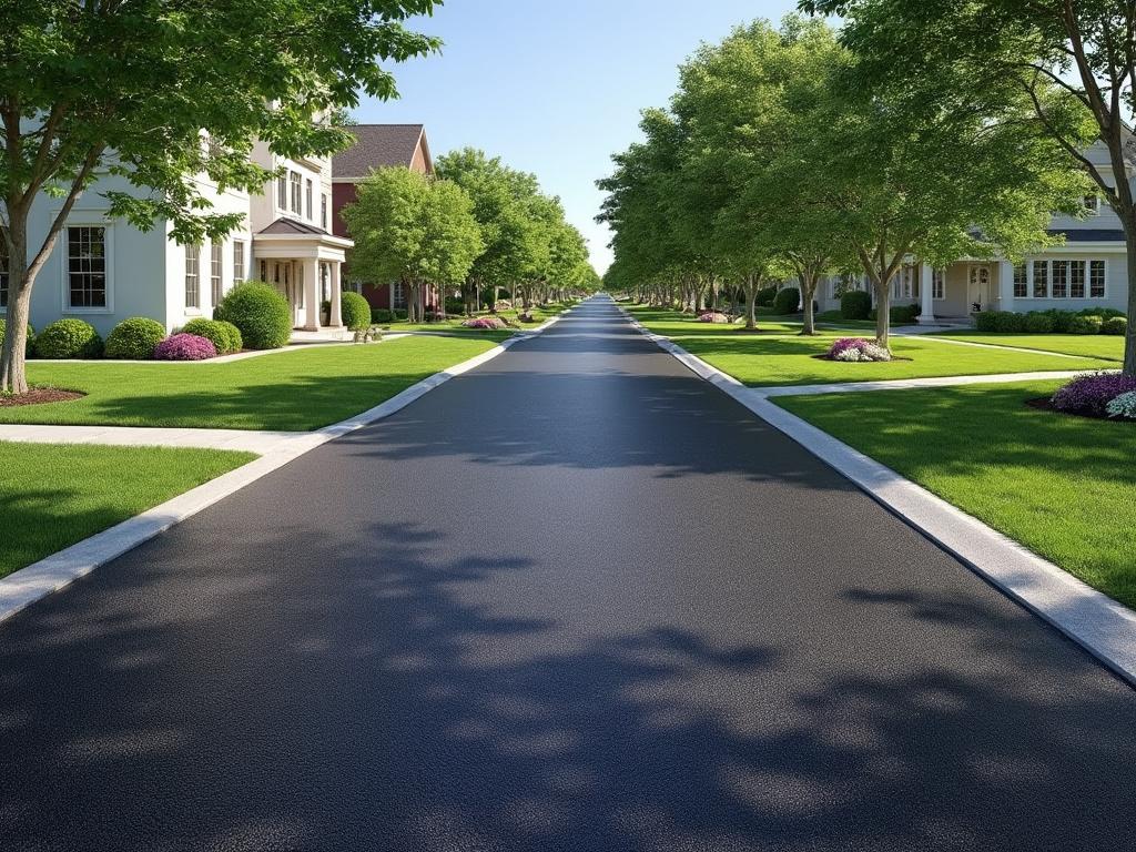 Tree-lined suburban street with neatly manicured lawns and charming houses under a clear blue sky.
